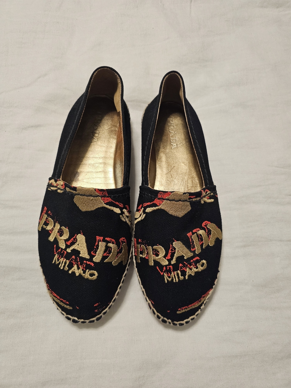 Prada Milano Black Embroidered Canvas Espadrilles